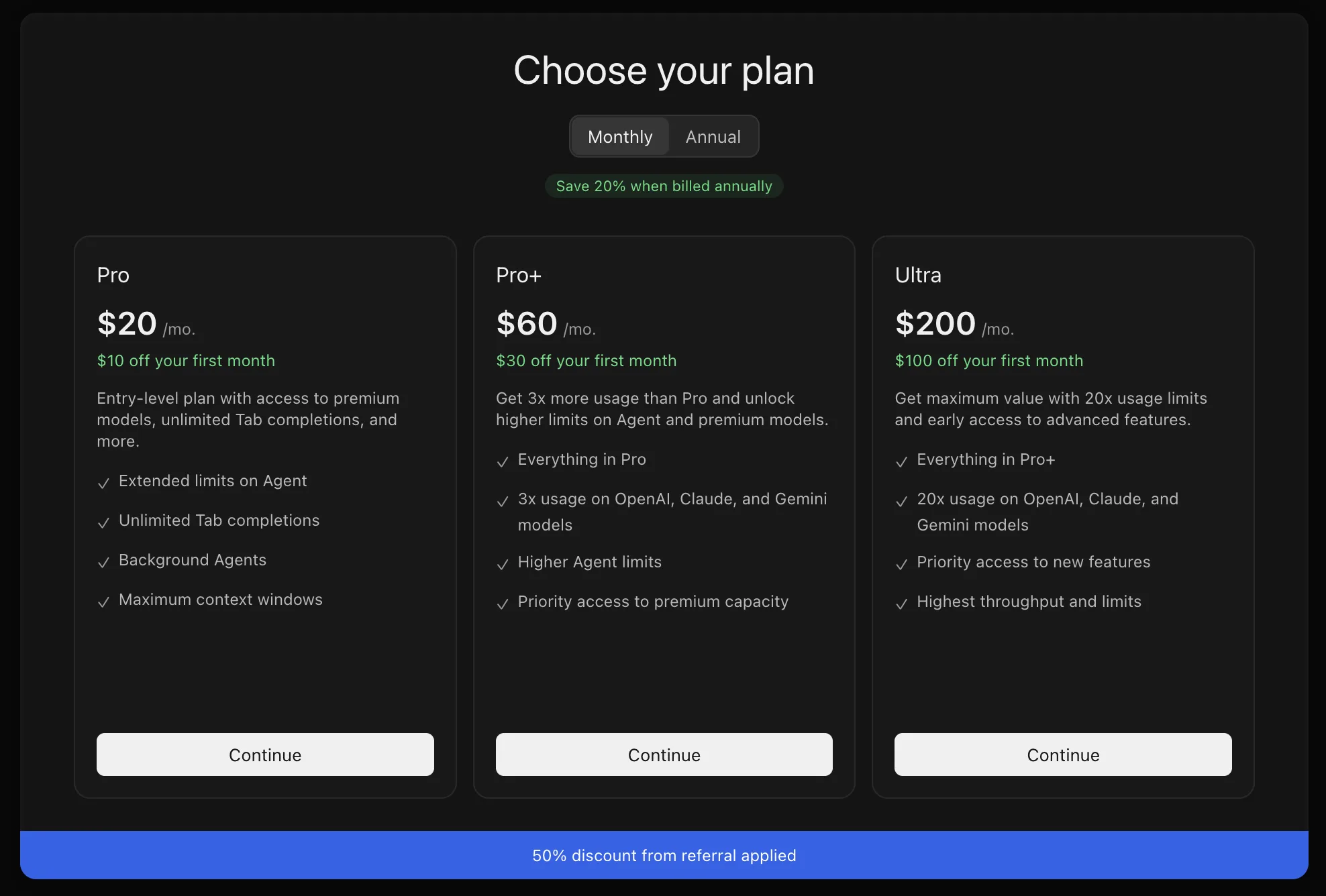Cursor checkout page showing 50% discount applied via referral link